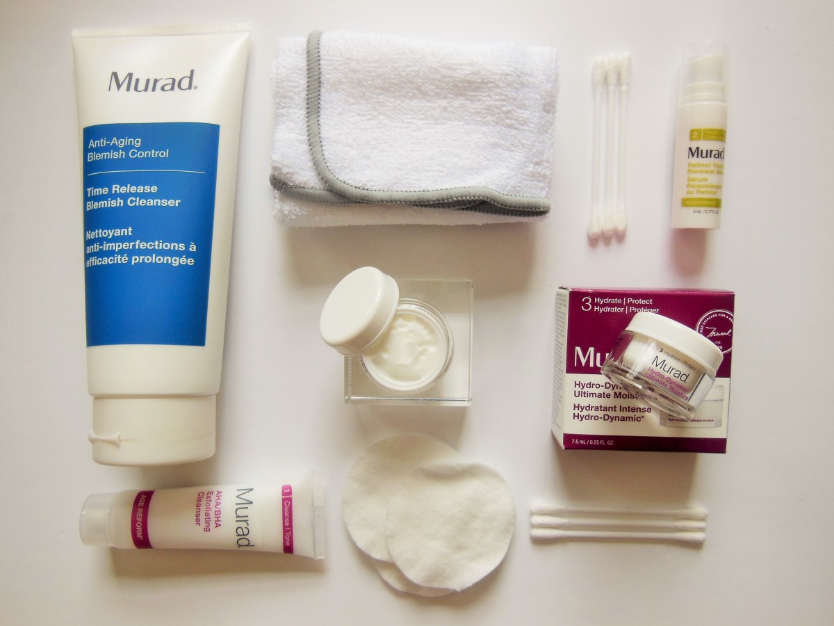 Murad skincare flatlay including cleanser, exfoliator, serum and moisturiser