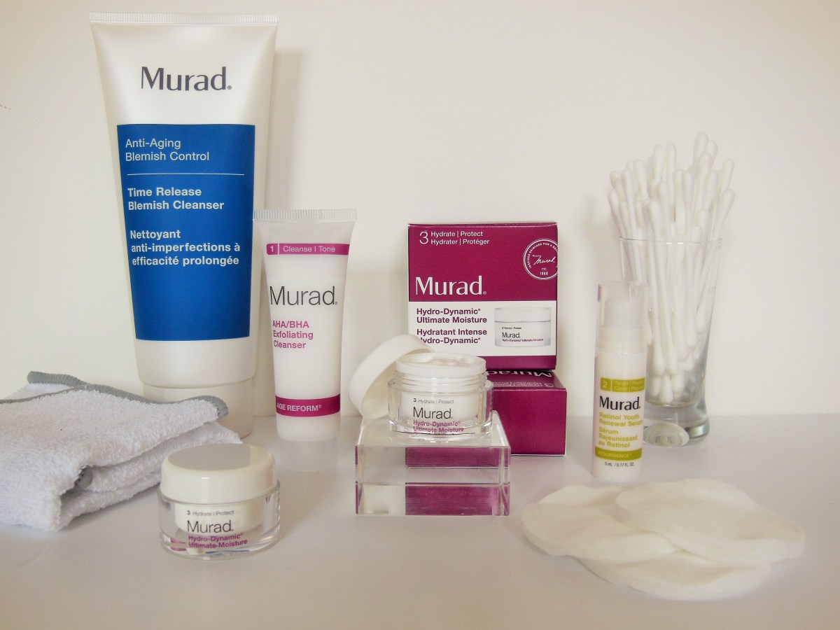 Murad skincare line up including cleanser, exfoliator, serum and moisturiser