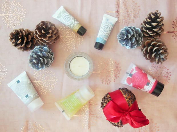 Durance mini products flatlay with winter decorations