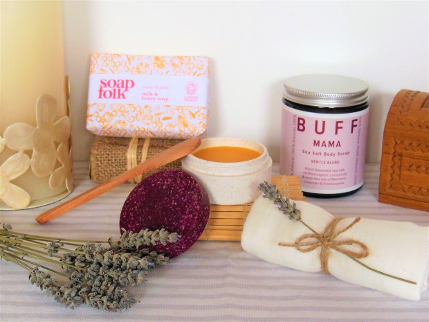 Sustainable beauty packaging featuring soap bar, cleansing melt and body scrub