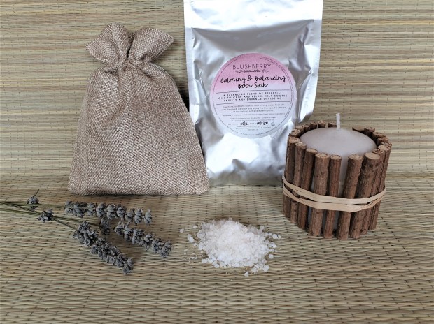 Blushberry Bath Soak with candle and rattan pouch