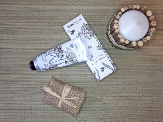 Beefayre hand cream in a tube on rattan mat
