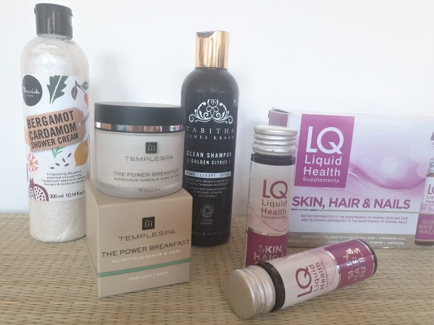 healthy beauty products on a rattan mat