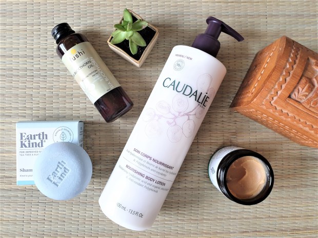 Sustainable beauty products on rattan mat