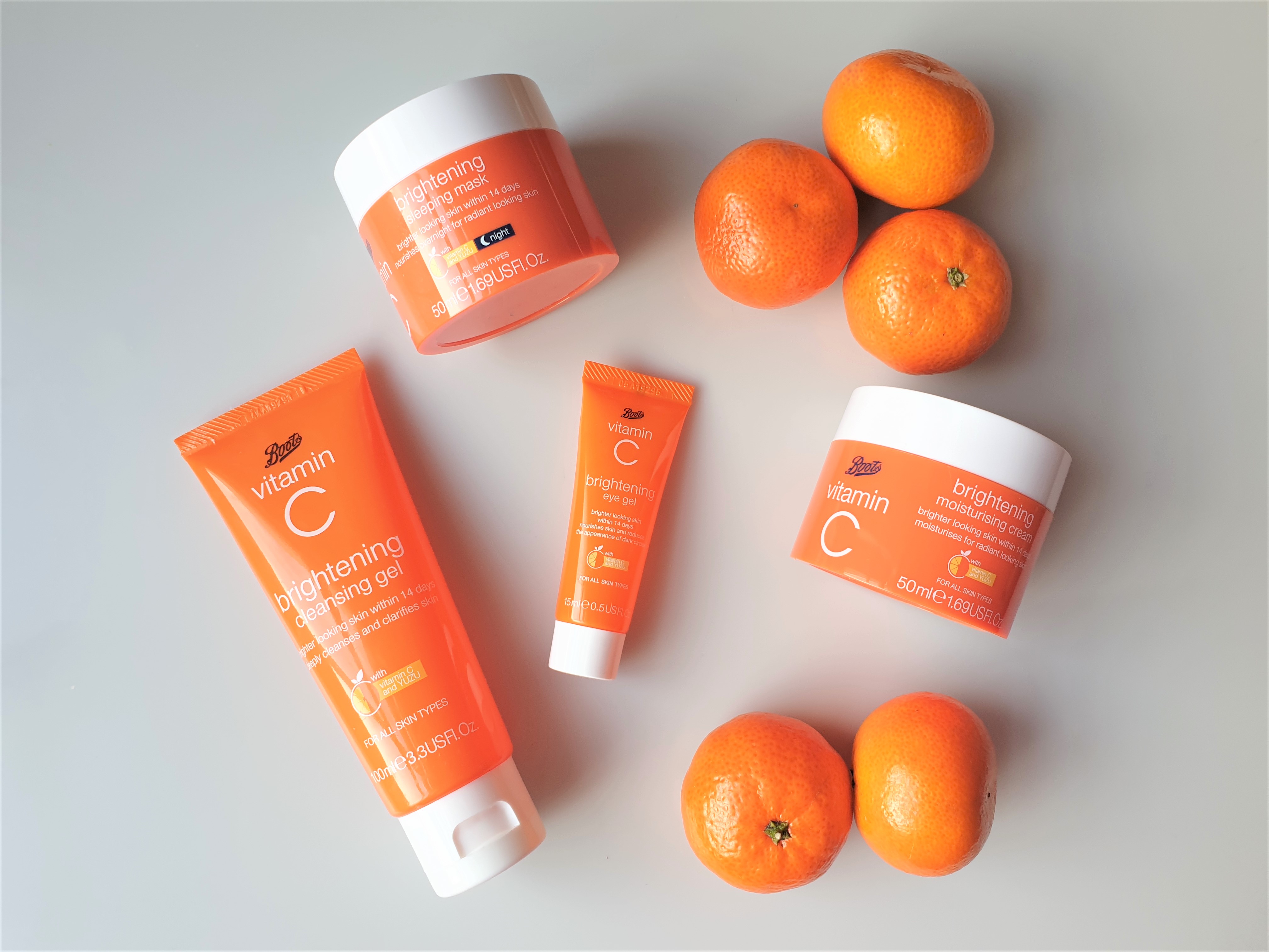 Boots Vitamin C Brightening skincare products flatlay arrangement