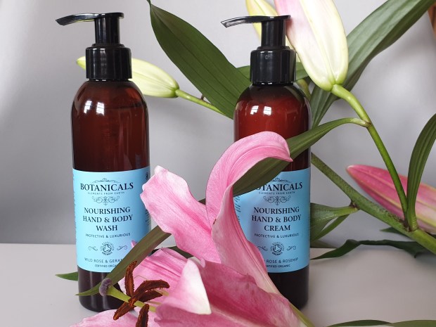 Certified organic hand wash and hand lotion with pink lilies
